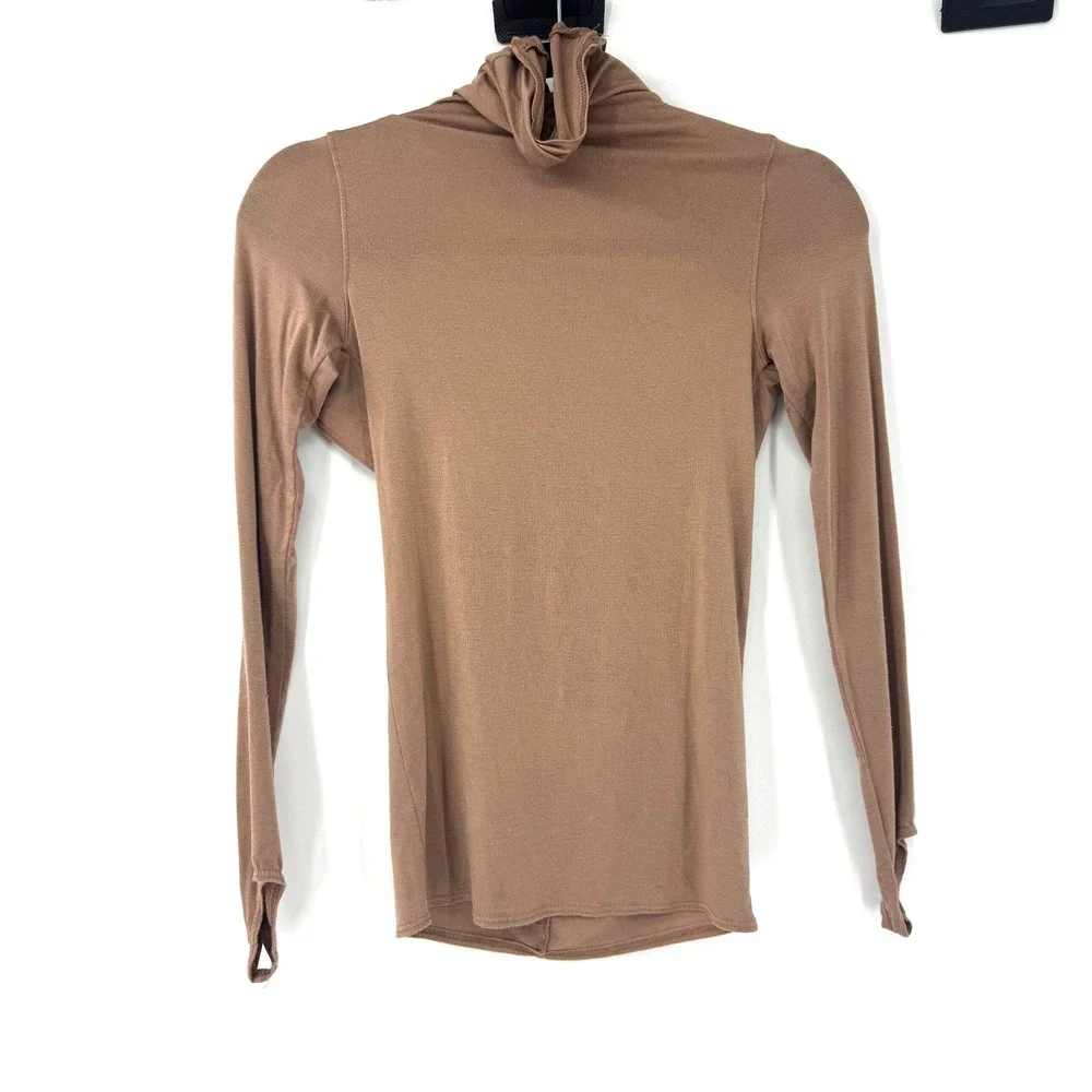 Joah Brown Mocha Brown Open Back Turtleneck Long Sleeve Top Thumbholes S/M - Picture 4 of 7